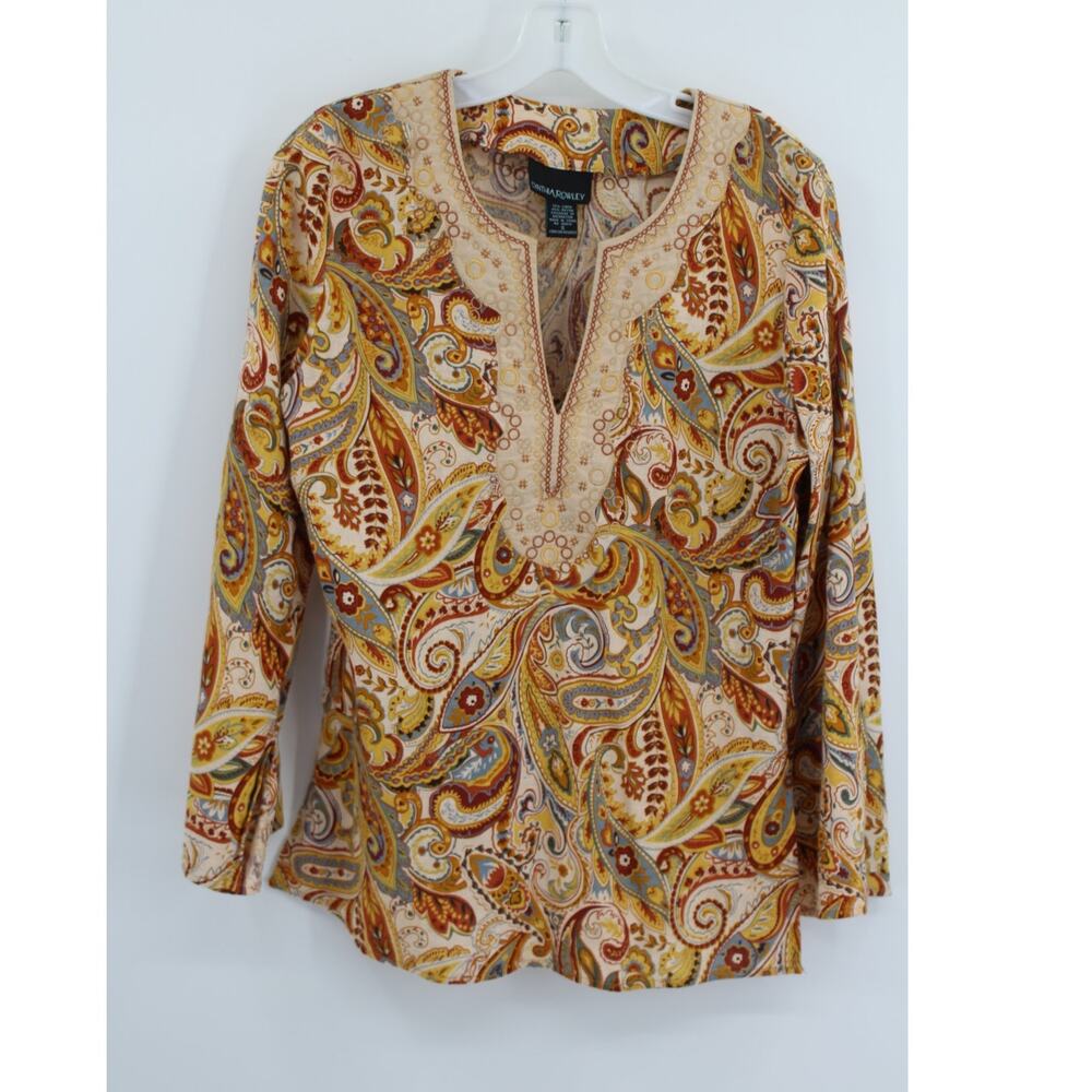 Cynthia Rowley Embroidered Paisley Tunic Top Linen Blend Small Brown Earthy Boho